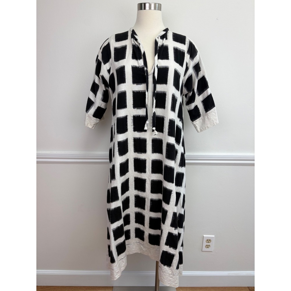 Cotton Trapeze Midi Dress Ikat Print Handmade Elbow Sleeves Pockets Lagenlook